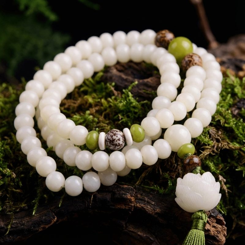 White Jade Bodhi Seed Mala - 108 Beads Bracelet/Necklace - Professional Photo
