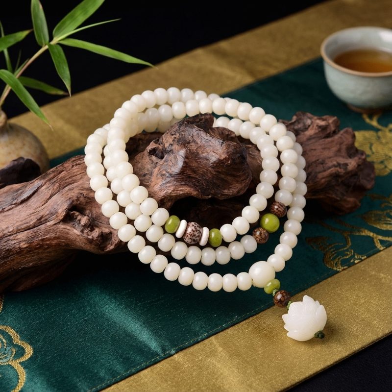 White Jade Bodhi Seed Mala - 108 Beads Bracelet/Necklace - Professional Photo