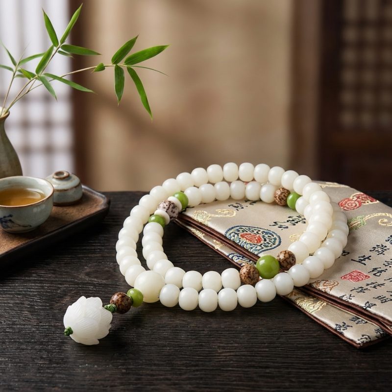 White Jade Bodhi Seed Mala - 108 Beads Bracelet/Necklace - Professional Photo